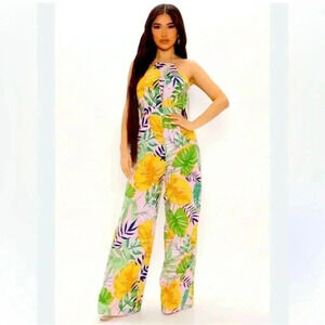 HYFYVE Wide Leg Tropical Print Floral Jumpsuit Size Medium Party Cruise Resort